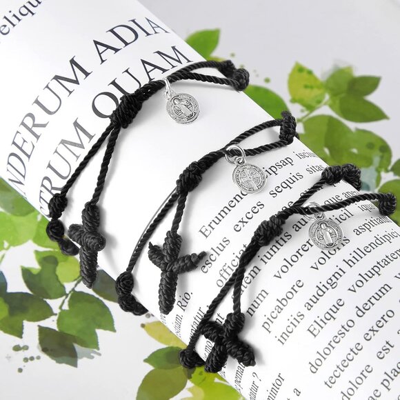 Black Men's/Women's St Benedict Medal Rosary Bracelet Adjustable Cord Chain - Picture 3 of 7